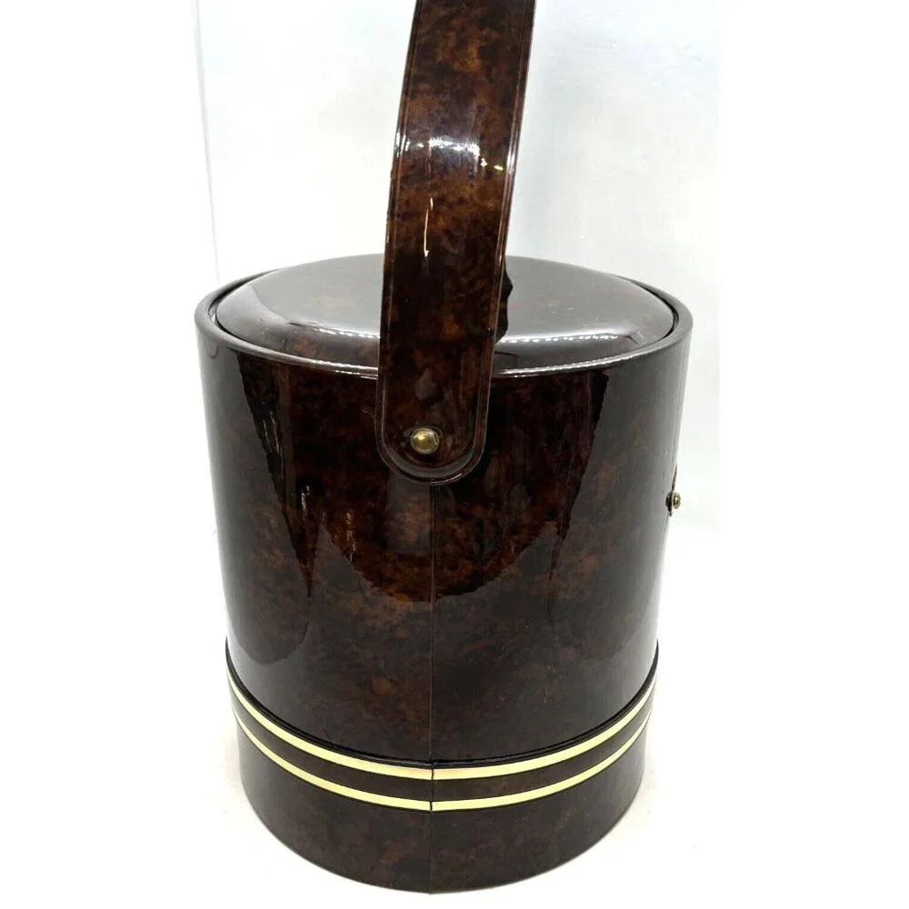 Mid-Century Faux Brown Tortoise Shell Vinyl Ice Bucket Vintage Man Cave